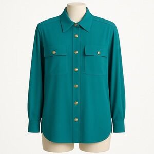 Vtg Frederick Nelson 100% Silk Emerald Green Gold Button Military Style Shirt 12